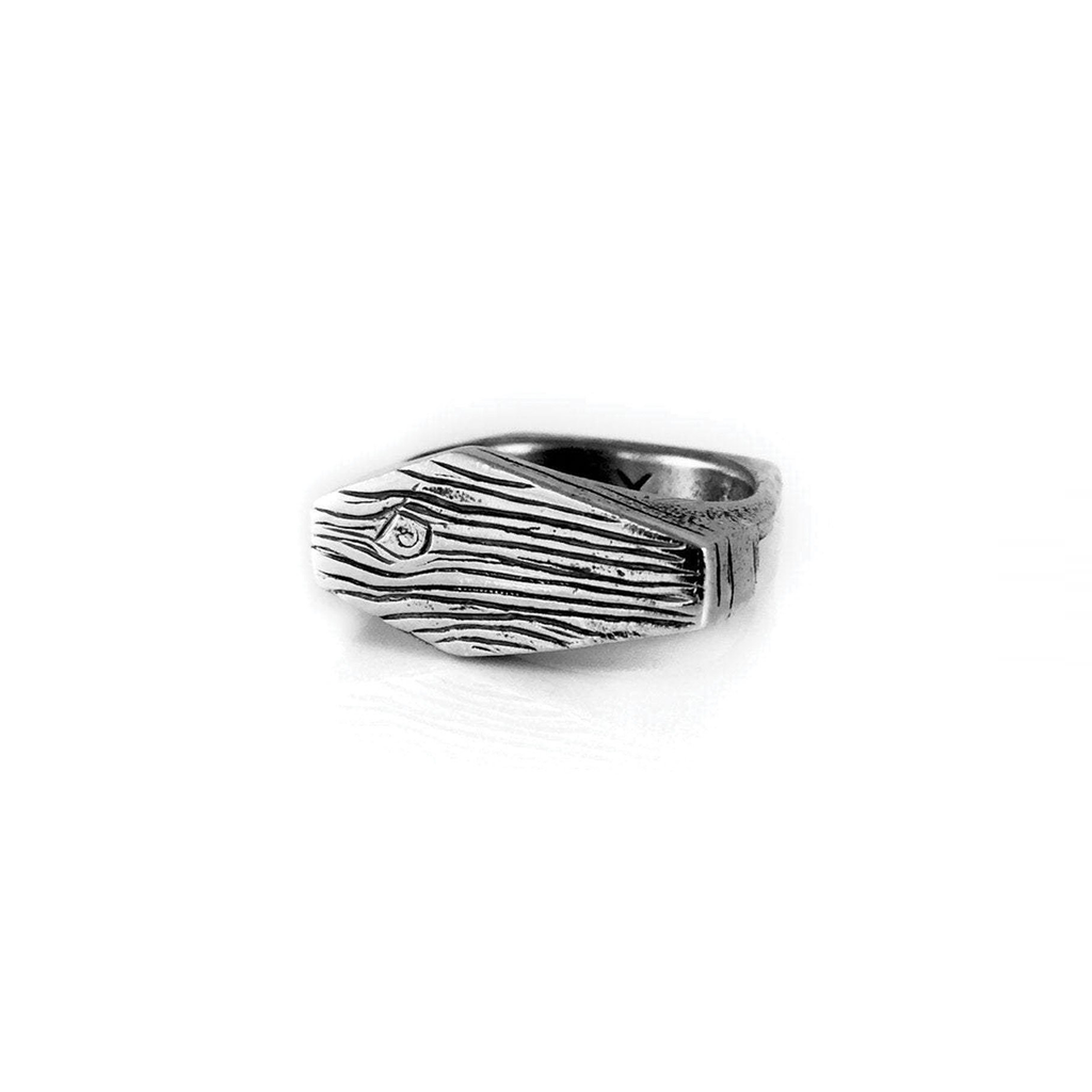 Sterling silver "Death At Sea" ring, one side depicts a wood grain coffin and the bottom is engraved with the ancient native symbol for the ocean
